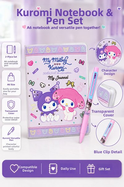 kuromi Licensed Figured Versatil Pen 0.7 Tip and Lined Notepad Set Cute Schoo...