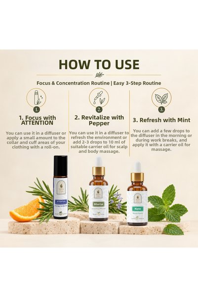 Sera Natura Focus Aromatherapy Set – Attention, Rosemary Essential Oil and Peppermint Essential Oil Set of 3