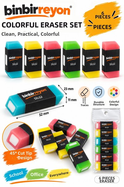 Binbirreyon 6 Pieces Soft Eraser Set with Cutting Corners 52X23X11Mm Vd075