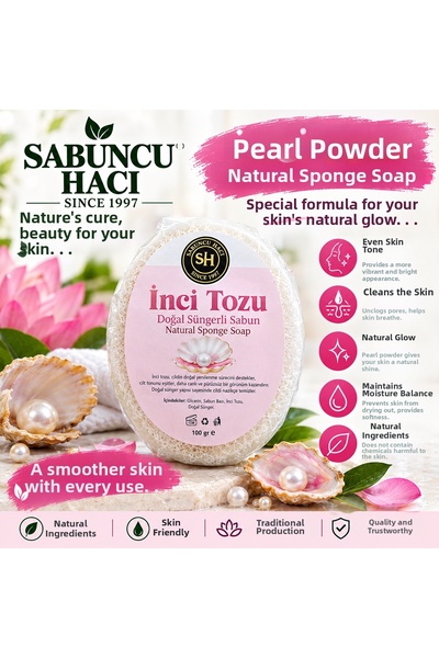 Sabuncu Hacı Pearl Powder Sponge Soap 120-140 Gr – Skin Cleansing Aid, Practical Bath Soap