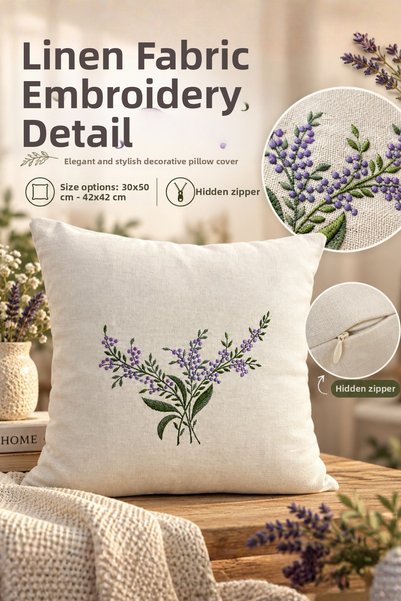 Elegancembroidery Husă de pernă pentru canapea din in cu broderie de lavandă ...