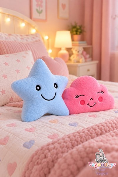vagontoys Pink Cloud and Baby Blue Star Plush Pillow Set Cute Sleeping Companion Set of 2 35 cm