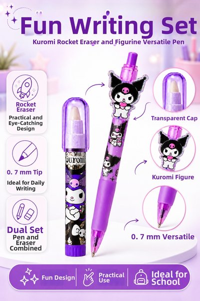 kuromi Figured Eraser and Pencil Set Licensed Rocket Shaped School Eraser wit...