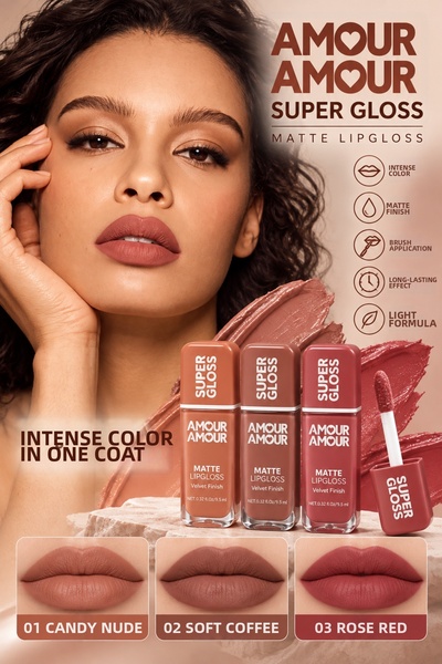 MAQYA KOZMETİK Amour Super Gloss 3-Piece Matte Liquid Lipstick Set (B Series)- Velvety Finish Intense Color Brush Applicator Nude