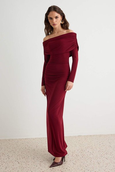 Trendyol Collection Rochie tricotată maxi elastică, cu guler Carmen, cu șnur,...
