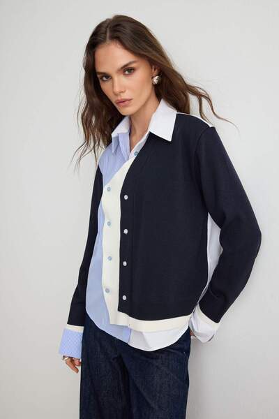Trendyol Collection Navy Blue Knitwear Detailed Multi-Colored Shirt Twoaw27Go...