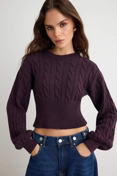 Trendyol Collection Plum Waist-Fitted Hair Braid Knitwear Sweater Twoaw27Kz00348