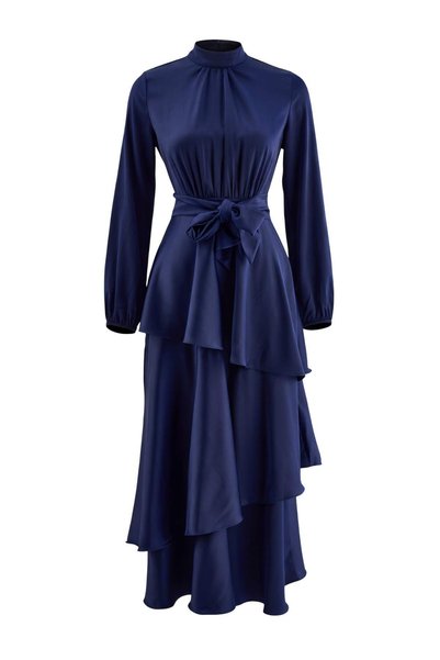 Trendyol Modest Rochie de seară cu fustă skater albastru marin, din satin țes...