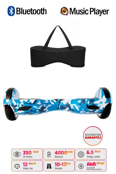 Smart Balance Elektrikli Kaykay Hoverboard 6.5 Inch Mavi Kamuflaj Desenli Akıllı Dengeli Çanta Hediyeli D03