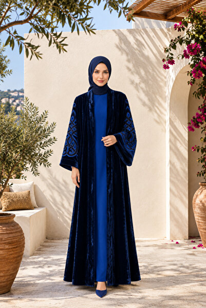 Muslima Wear Navy Blue Japanese Velvet Oriental Pattern Sleeves Embroidery Em...