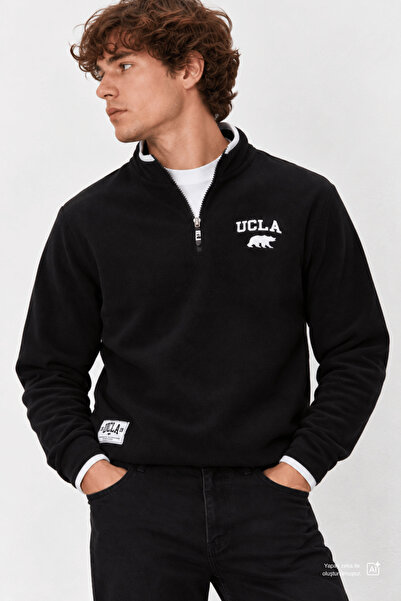 UCLA CORNING Hanorac pentru bărbați, negru, cu jumătate de fermoar, brodat, d...