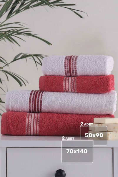 Genel Markalar Banyo El Havlusu Seti 4 Lü Kırmızı -Beyaz Elvin – Yumuşak Doku (70X140X2 /50X90CMX2)
