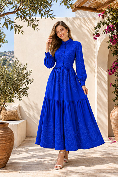 Muslima Wear Fiore Blu Pearl Buttoned Cotton Embroidered Voile Fabric Evening...
