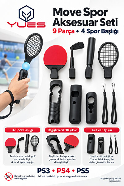 YUES UES PS Move VR Spor Aksesuar Seti – 9 Parça, PS5/PS4/PS3 Uyumlu