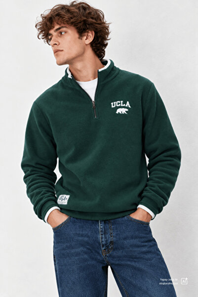 UCLA Hanorac pentru bărbați din lână brodat cu jumătate de fermoar verde Cornıng