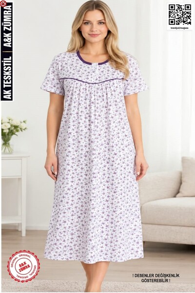 A&K ZÜMRA Women's Short Sleeve Patterned Combed Cotton Mother's Nightgown Purple