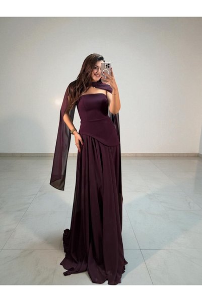 OLA ORİVA Korseli Şifon Fular Detaylı Mor Abiye Elbise
