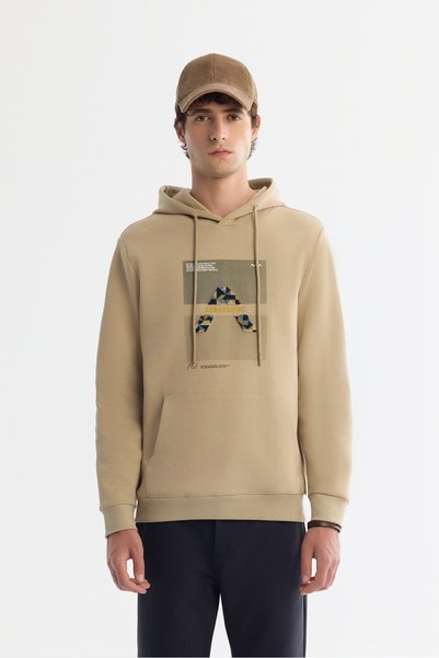 Avva Men's Beige Hooded Cotton Printed Elastane Regular Fit Sweatshirt A42Y1321