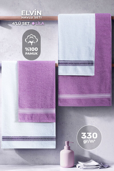 Generic Brand Set prosoape de baie 4 bucăți Liliac - Elvin alb – Textura moal...