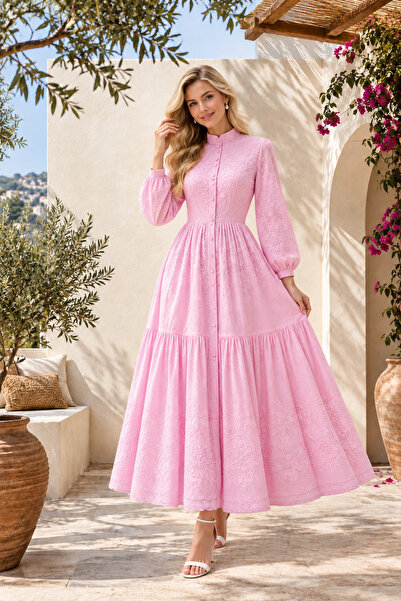 Muslima Wear فستان نسائي من بيرلا روسا بأزرار لؤلؤية ونقشة وردة وردية