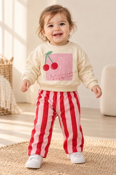 dinamik çocuk Baby girl cherry print sweatshirt pink red striped tracksuit 2-...