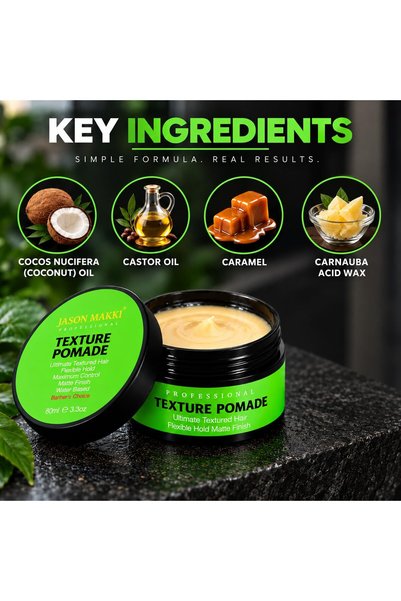 Jason Makki Textured Pomade for Men 80g – Flexible Semi-Strong Hold, Low Shine – Water-Based Styling Pomade for Maximum Control – Easy Wash, Non-Greasy