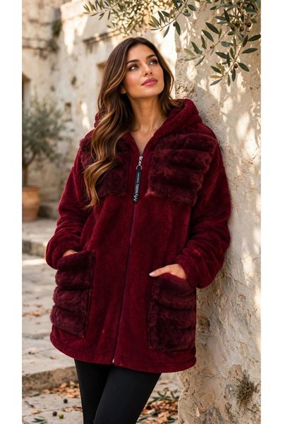 AZRA BUTİK Cep Detaylı Büyük Beden Peluş Bordo Mont