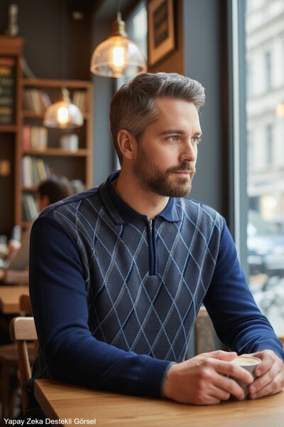 Kamalı Navy Blue Standard Fit Polo Collar Sweater