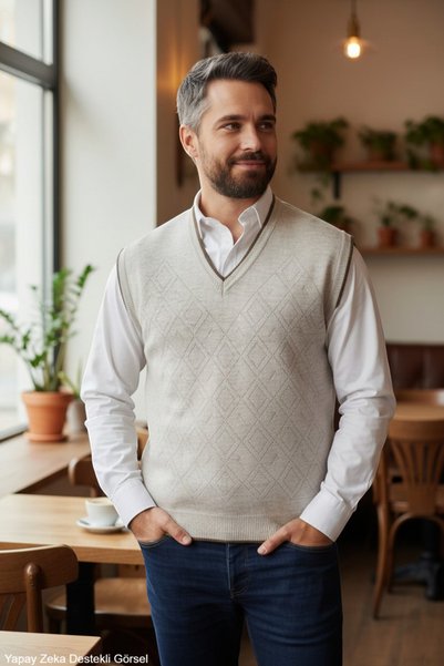 Kamalı Cream Men's Steel Knit Intersiye Winter Thick Knitwear V-Neck Knitwear Knit Non-Pilling Jumpers