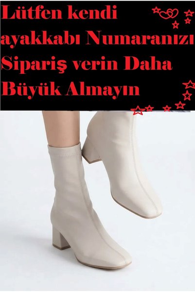 ForYou4 Beige Daily Flat Toe Thick Spanish Heeled Cream Zippered Stretch Women's Boots Daily
