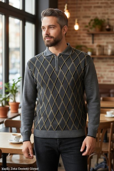 Kamalı Pulover pentru bărbați, gri, anti-pilling, cu guler polo, cu jumătate ...
