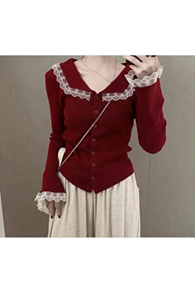 banessa Lace Detailed Baby Collar Buttoned Women's Knitwear Cardigan