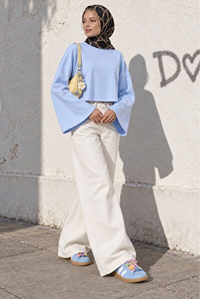 dolabımdakalsın Kadın bebe mavi oversize düşük omuz bisiklet yaka basic bluz ...