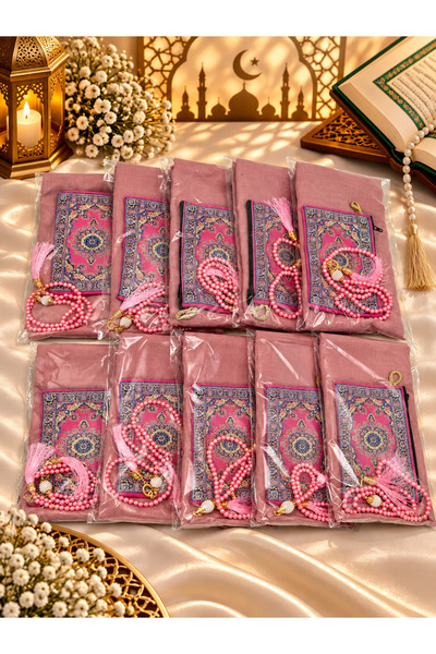 LenaToptan 10 Adet Pembe Flamlı Eşarp Cüzdan ve Tesbih Seti Hac Umre Mevlid Hediyelik