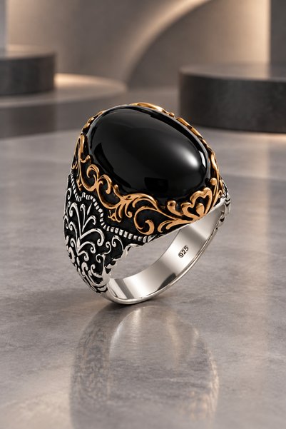 Siset Gümüş 925 Ayar Özel Tasarım Oval Oniks Taşlı Motifli Erkek Gümüş Yüzük