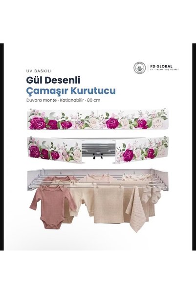 DEFOND FD Global Gül Desenli Duvara Monte Katlanır Çamaşır Kurutma Askısı 80 ...
