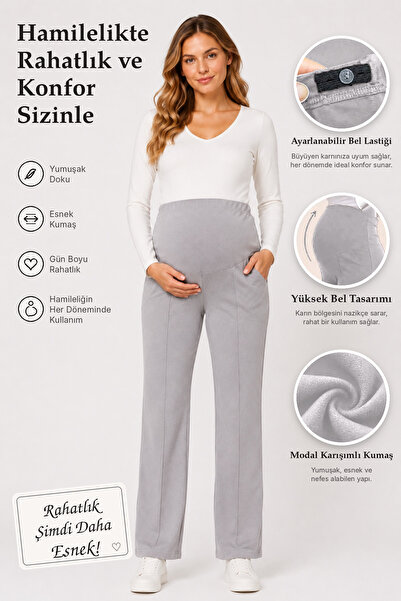 İmaj 394 Grey Color Modal Adjustable High Waist Maternity Palazzo Sweatpants ...