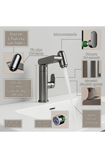 AGS Baterie chiuveta baie, OpulStream, Montare lavoar, Aluminiu spatial, Mono...