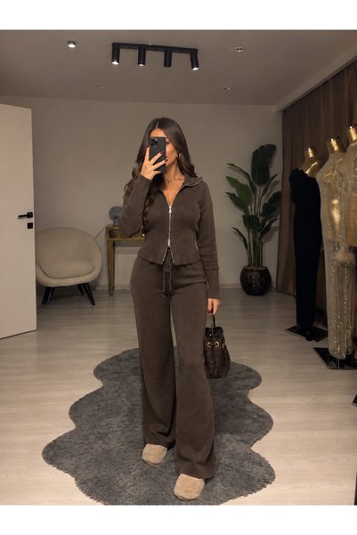 ruyaguneyboutique PREMİUM ÇİFT FERMUARLI KAHVERENGİ HIRKALI TRİKO TAKIM