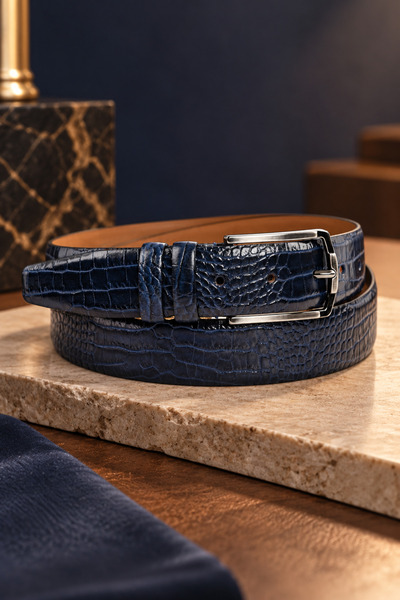 KASVA DERİ Navy Blue Crocodile Original 100% Genuine Leather Belt