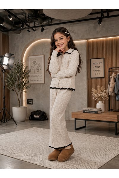 HÇ Hülya Çelik KİDSWEAR 2018 Kız Çocuk Triko Takım Bej Hırka ve Pantolon