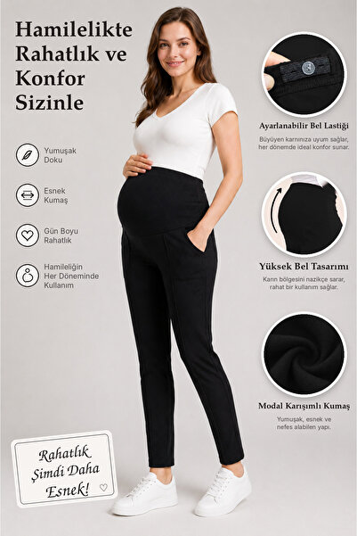 İmaj 390 Black Color Modal Adjustable High Waist Maternity Sweatpants - Flexi...