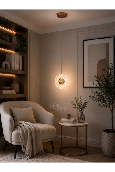 best power ثريا علاقي مفرد مودرن LED ذهبية بتصميم قرص دائري مزخرف ومركز محفور...