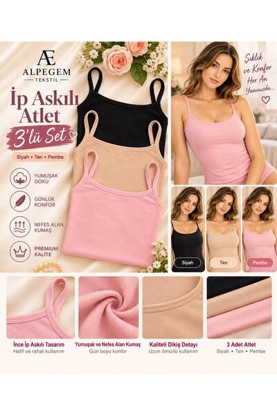 Alpegem Tekstil ALPEGEM 3 lü Set Pamuklu İnce Askılı Atlet