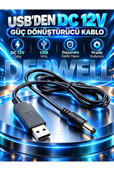 Derwell 5V To 12V Dc Usb Voltaj Yükseltici Çevirici Adaptör Kablosu USB Dc Dö...