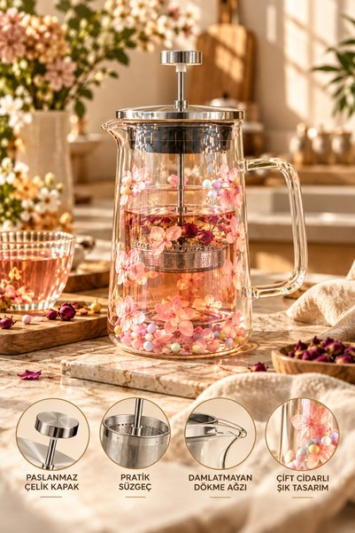 House Bird 700 ml Double Walled Dry Flower French Press Glass Carafe with Sta...