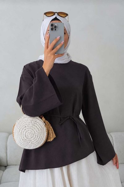Giyim Gezegeni Brown Waist-Tied Hijab Tunic Asymmetrical Cross-Cut Wide Sleev...