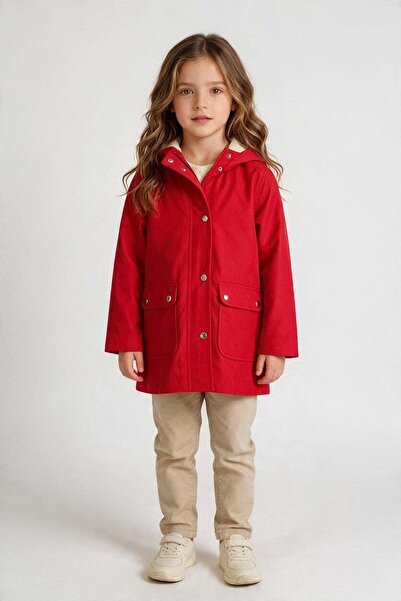 Aslı Türkoğlu Red Plain Pocket Children's Raincoat - Water Repellent Hooded U...