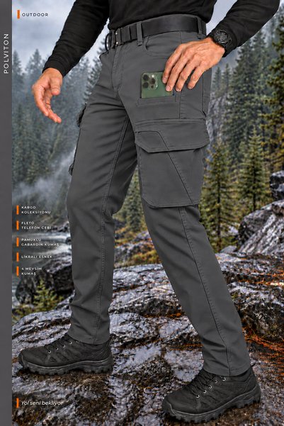 Polviton Gri 214 Erkek Kargo Pantolon Tactıcal Outdoor Combat Cepli