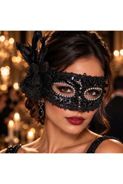 partidolu Siyah Renk Pullu Güllü Tüylü Wedding Maskesi Lastikli Balo Mask 1 A...